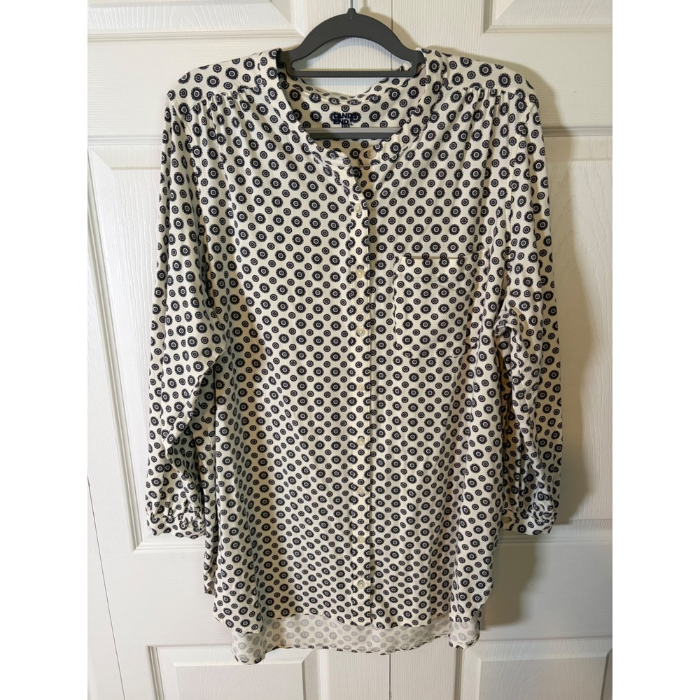 Lands End Womens Plus 20W-22W Tunic Top Navy Blue Floral Medallion Button Down